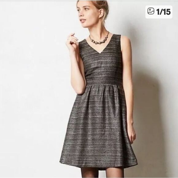 Moulinette Soeurs Brown Glissade shimmer metalic tweed fit and flare dress 8 - Picture 1 of 9